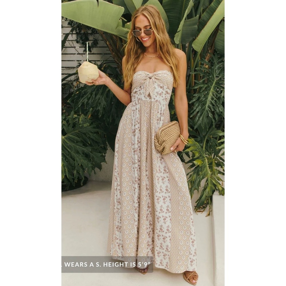 VICI Carmella Strapless Smocked Jumpsuit Large Cream Floral Wide Leg Boho